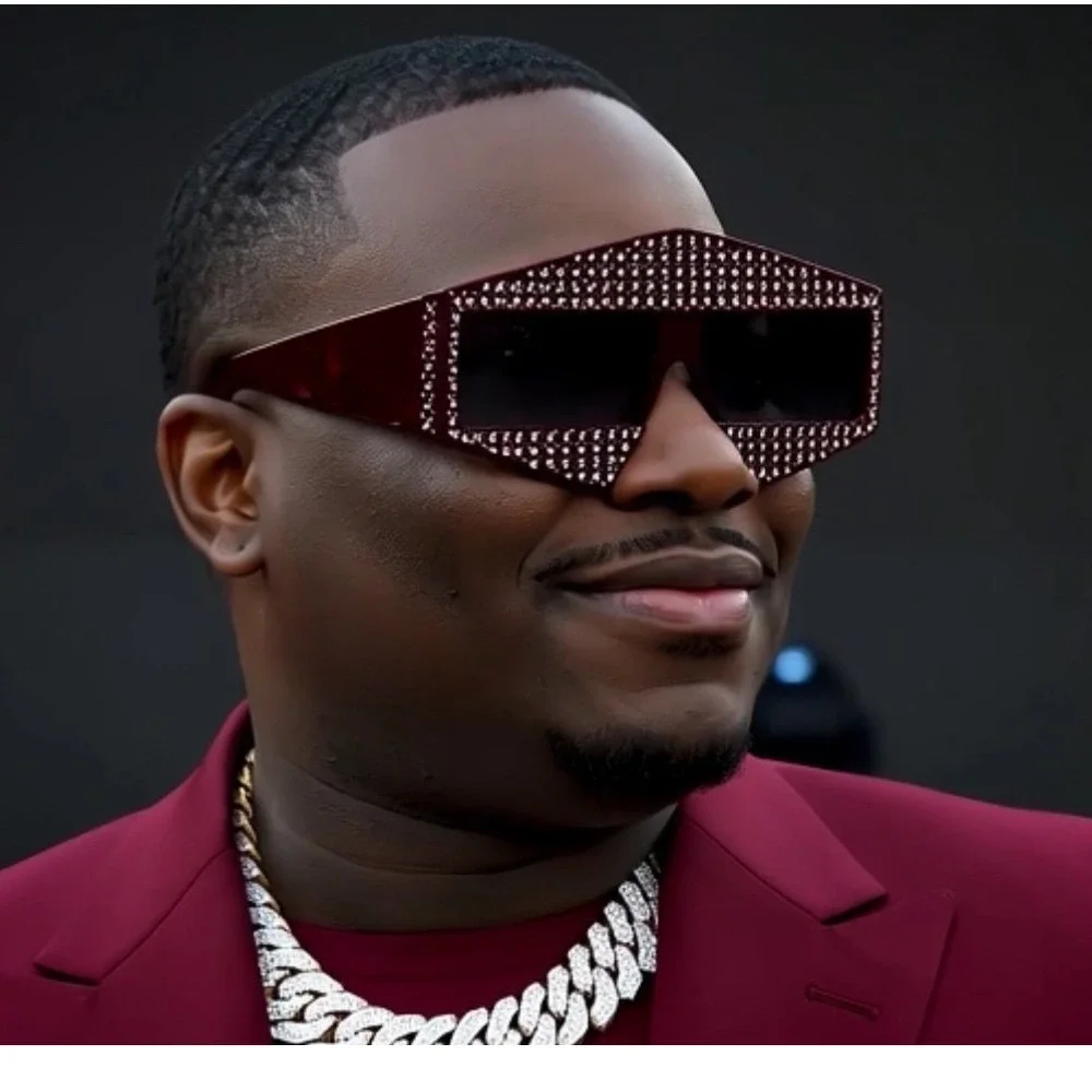 Men Sunglasses Bold exaggerated‎ shape sharp Corners Wide Frame Burgundy Frame